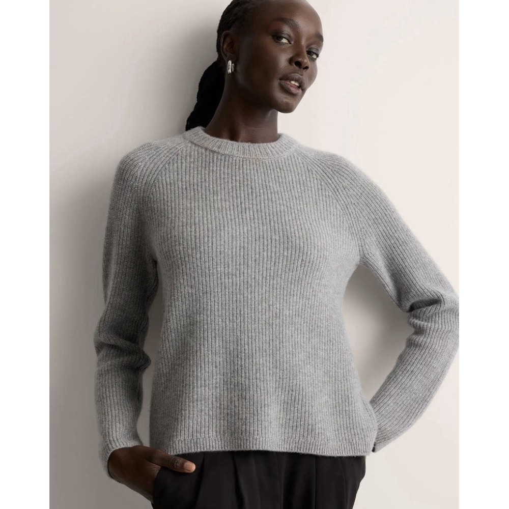 Quince Mongolian 100% Cashmere Fisherman Crewneck Sweater SZ XL Gray Ribbed Knit